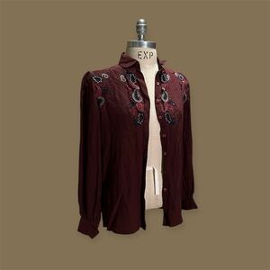 Vintage Embroidered Burgundy Button-Up Blouse